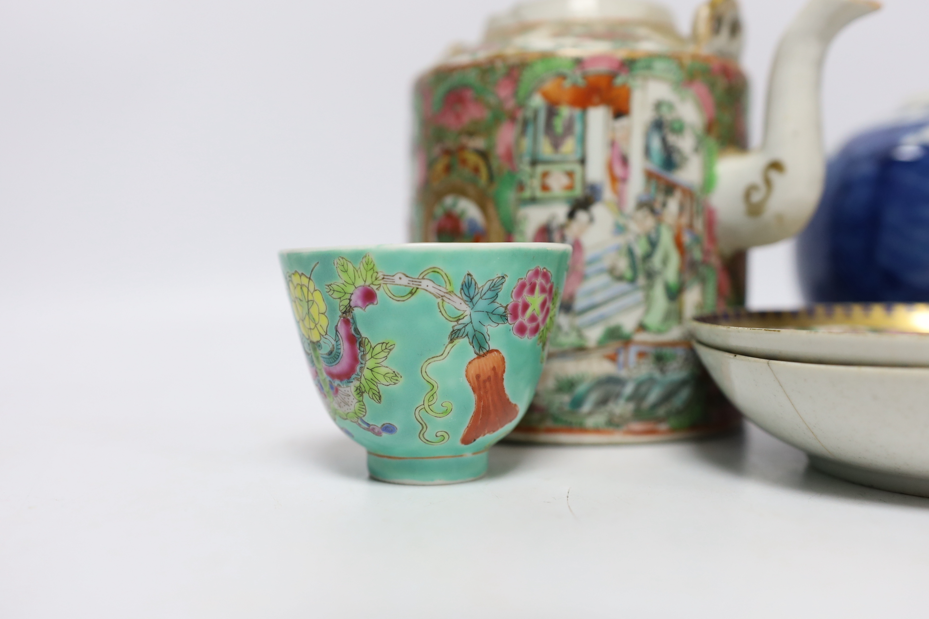 A collection of Chinese ceramics including a blue and white prunus flower jar, a famille rose teapot and a turquoise ground tea bowl, largest 13.5cm high